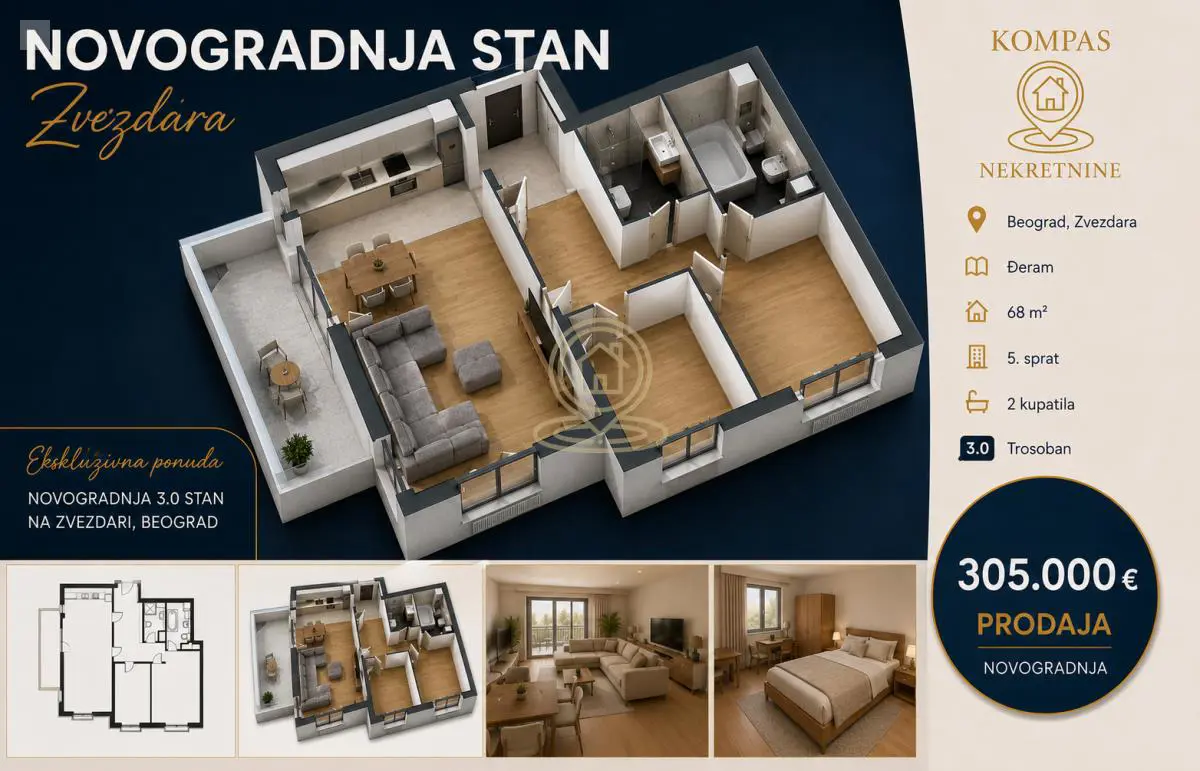 Beograd Zvezdara  novogradnja Trosoban stanovi 305000 evra 