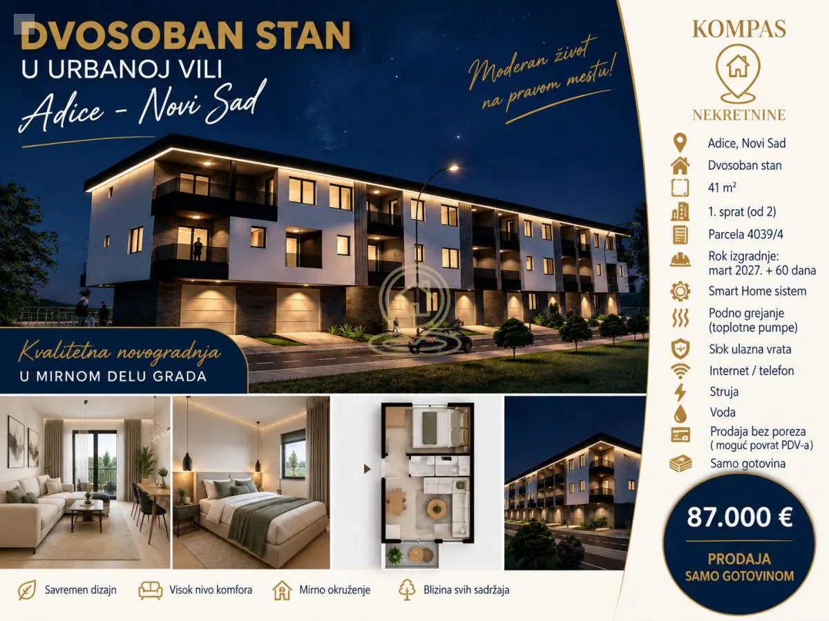 Novi Sad Adice  novogradnja Dvosoban stanovi 87000 evra 