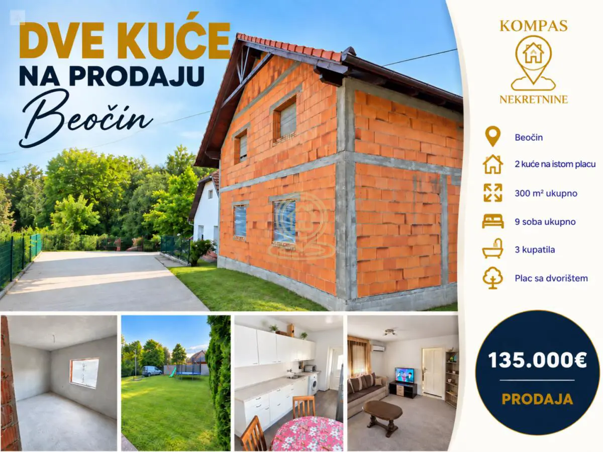 Beočin Širi centar  novogradnja  uknjizeni kuće 135000 evra 