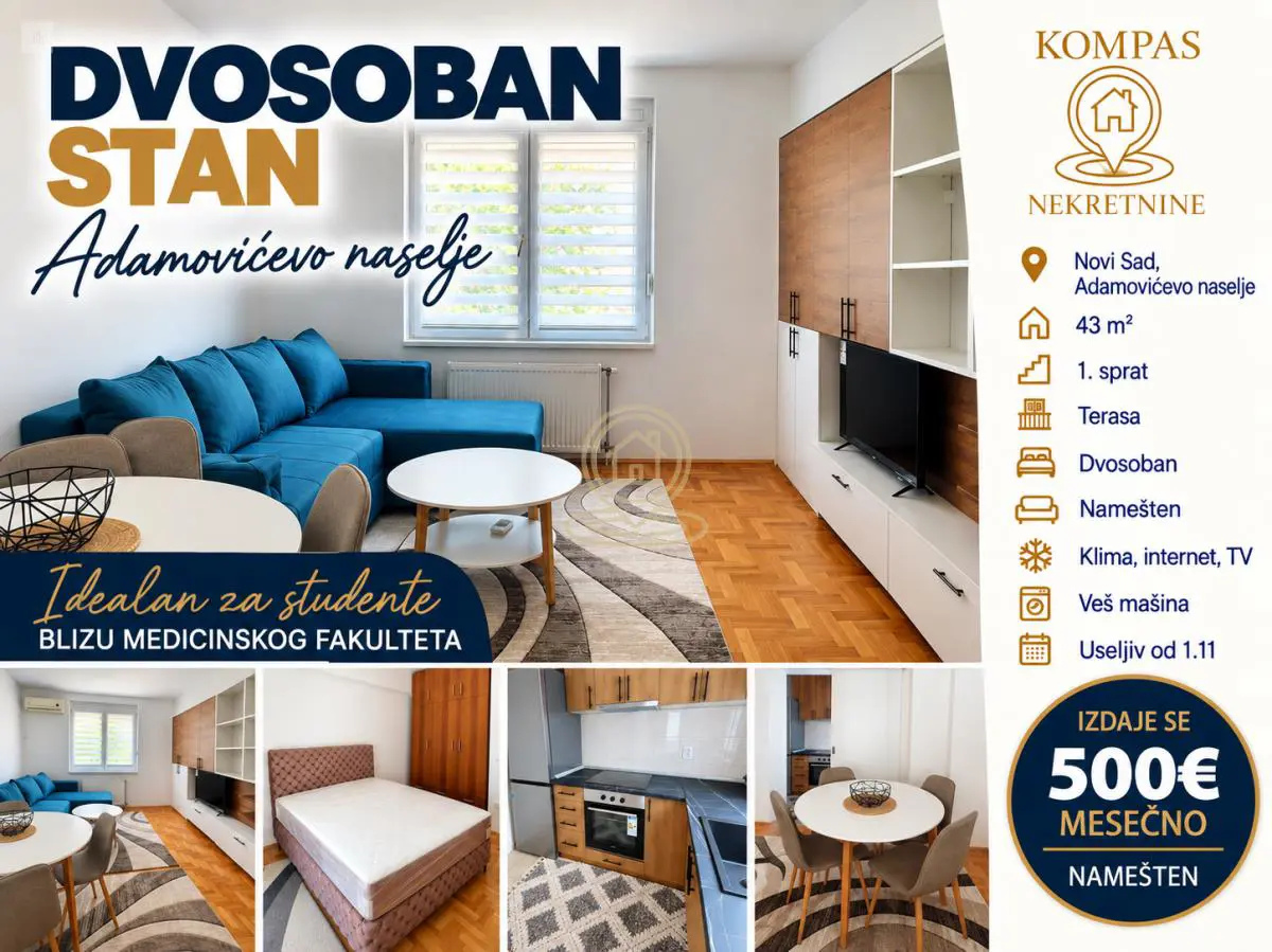 Novi Sad Adamovićevo Naselje Dvosoban stanovi 500 evra 