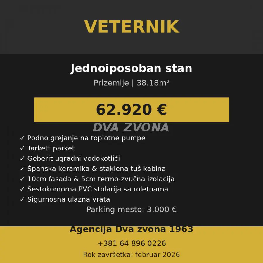  uknjizeni Jednoiposoban stanovi Veternik - 62920 evra 